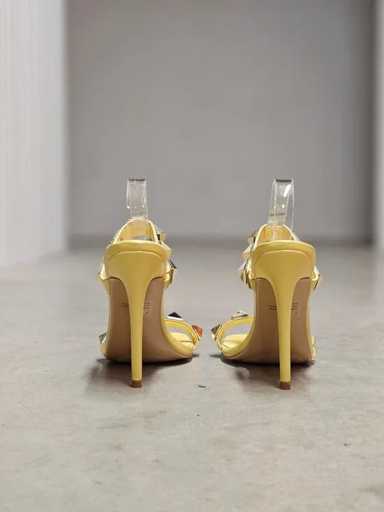 Yellow Studded High Heel Sandals With Straps & Square Toe Design For Women - Picture 5 of 15